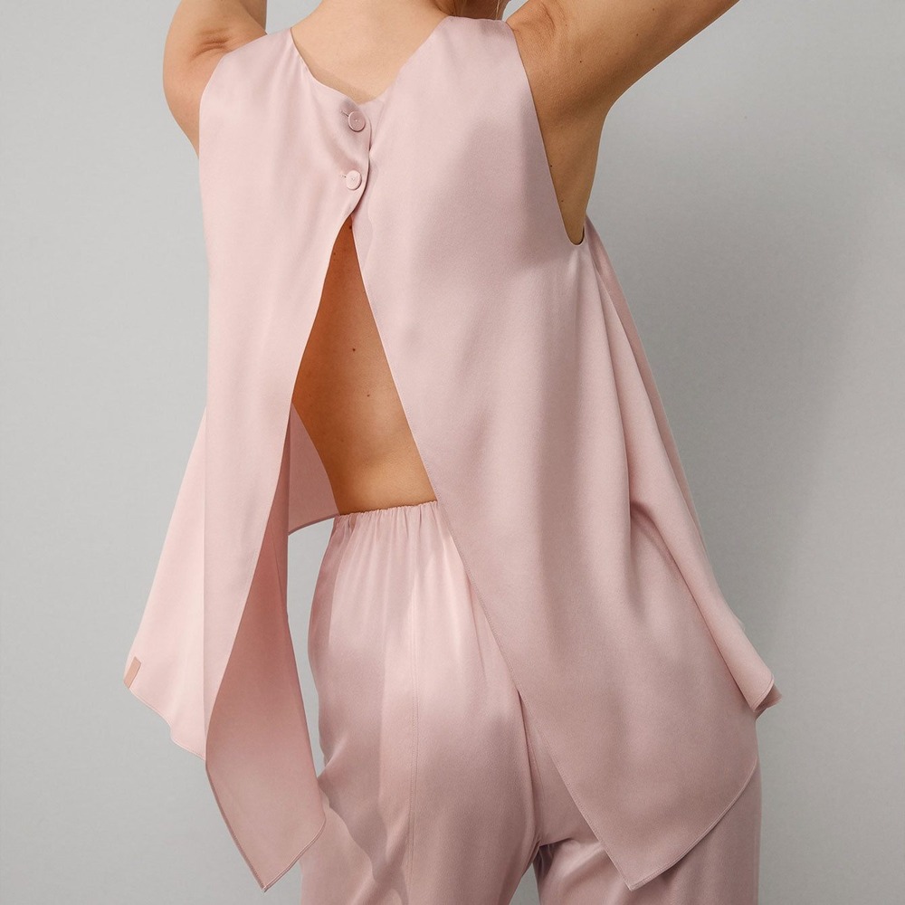 LUNYA Sz M Delicate Pink Washable Silk Back Slit‎ Pant Set Quiet Luxury Leisure